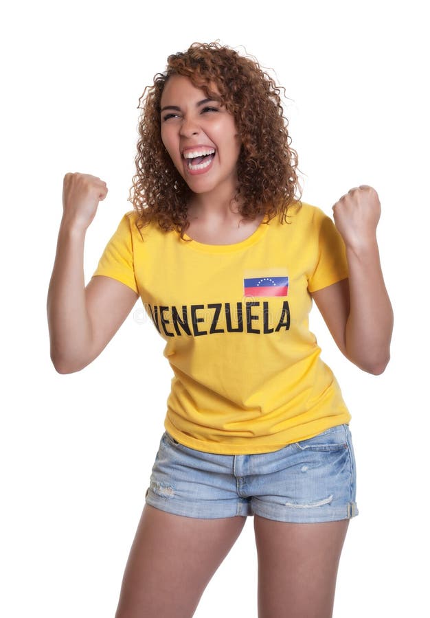 Cheering young woman from Venezuela with curly hair on an isolated white background for cutout