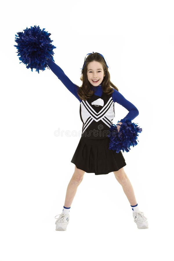 Nine Year Old Caucasian Girl Dressed in a Blue Cheerleader Outfit Stock