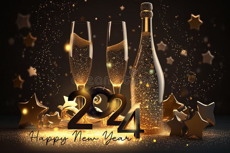 Celebrating the New Year 2024 with Champagne, AI Generative Stock