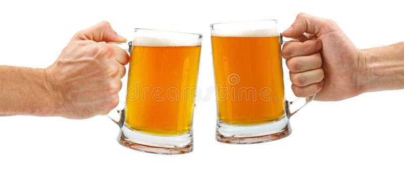 Cheers, two glass beer mugs isolated on white