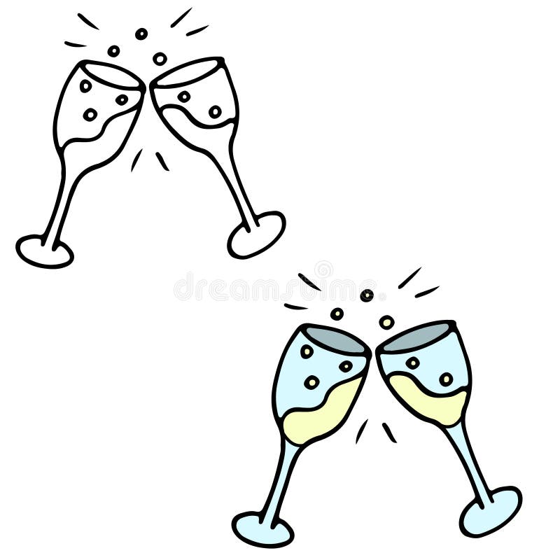 Cheers Two wineglass with wine, champagne clip clop clattering. Holiday celebration, romantic date, dinner. Simple doodle