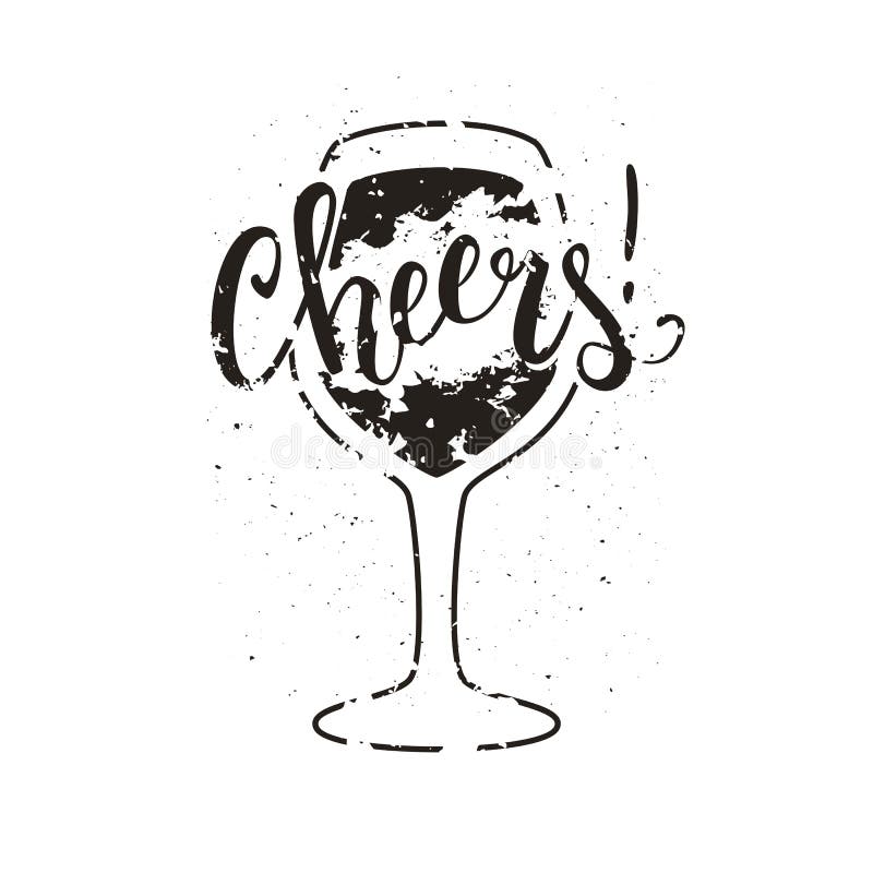 Cheers Wine Glass Vector Illustration with Brush Pen Handwritten Stock ...