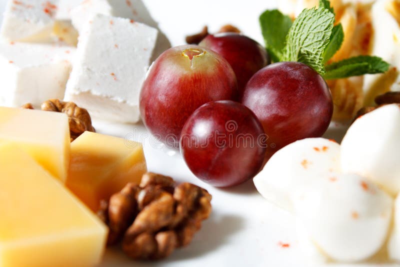 Cheese in the Assortment of Grapes and Walnuts Stock Photo Image of