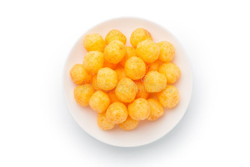 Delicious crispy Cheese ball in paper bucket isolated on white background, Cheese  ball or cheesy puffs on white With clipping path. Stock Photo