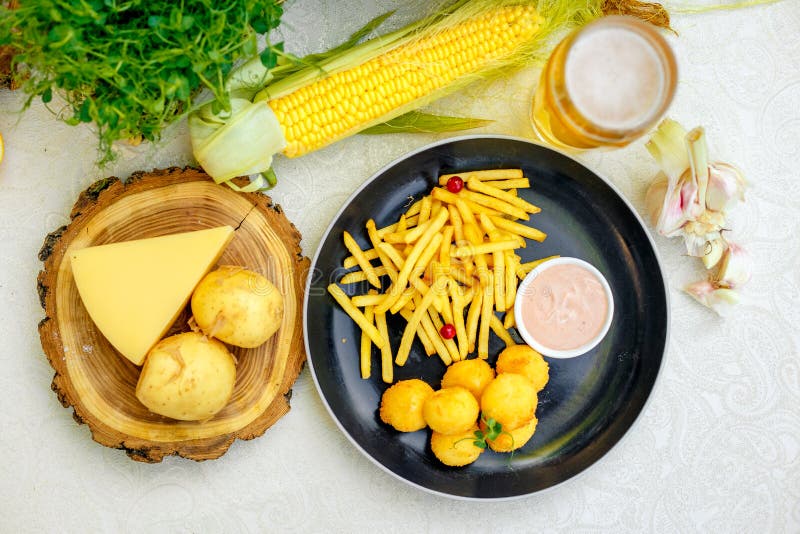 Cheese Balls with French Fries and Sauce Stock Image - Image of tasty,  snack: 180112499