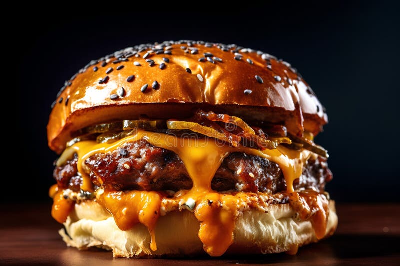 Cheese Burger with Ketchup and Mustard on a Dark Background. Stock