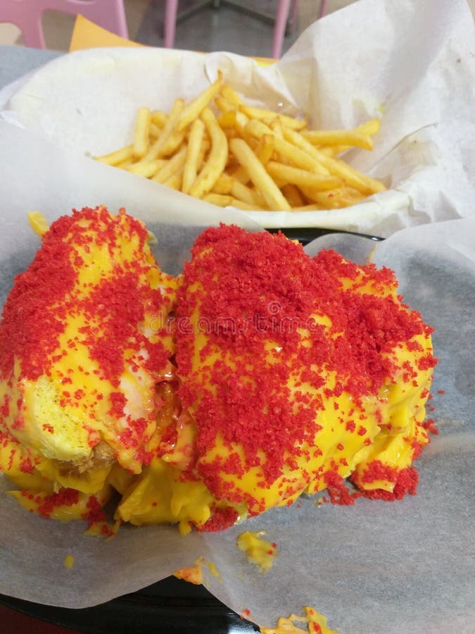Cheese Burger with Cheese Sauce and Chips Crumbs Stock Photo Image of