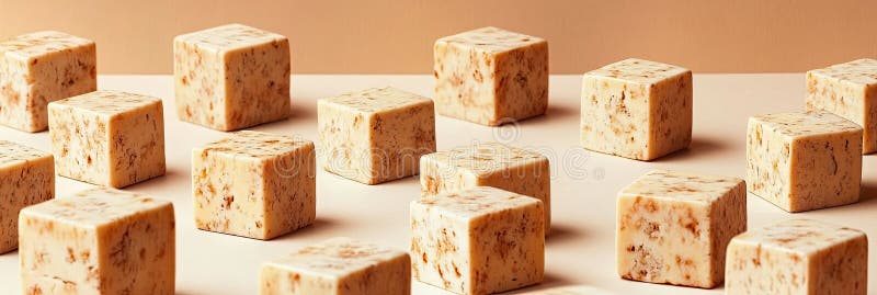 Cheese Cubes Arranged in a Clean Grid on a Minimalistic Beige Background Create a Delightful Visual. Small cubes of American cheese are meticulously arranged in a neat grid pattern on a light beige surface, showcasing simplicity and elegance in food design. AI generated