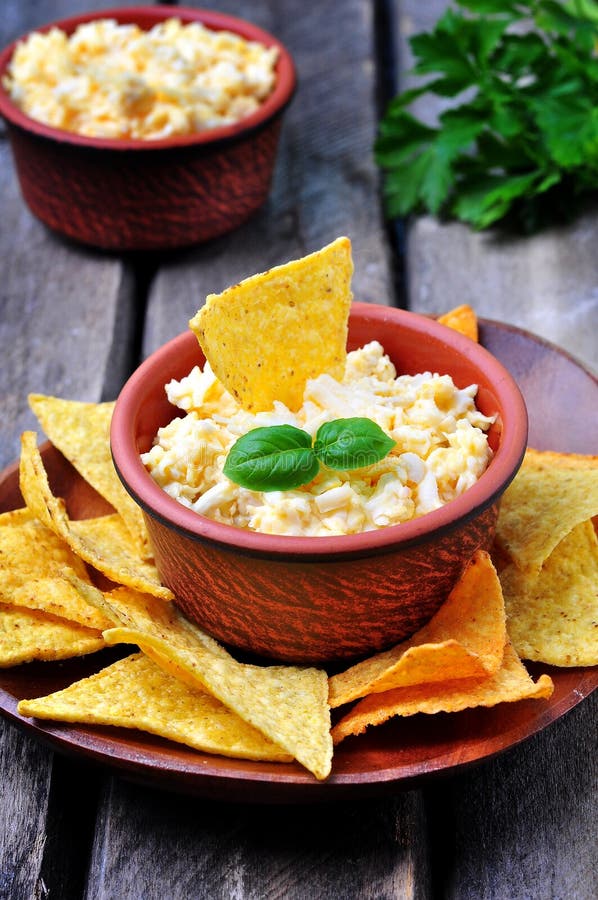 Cheese Dip with Egg and Tortilla Chips Stock Image Image of food, antipasti 68812141