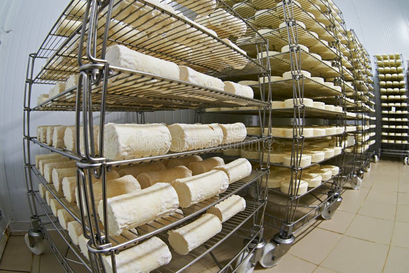 Cheese Factory Warehouse with Shelves of Product Capretto and La Stock
