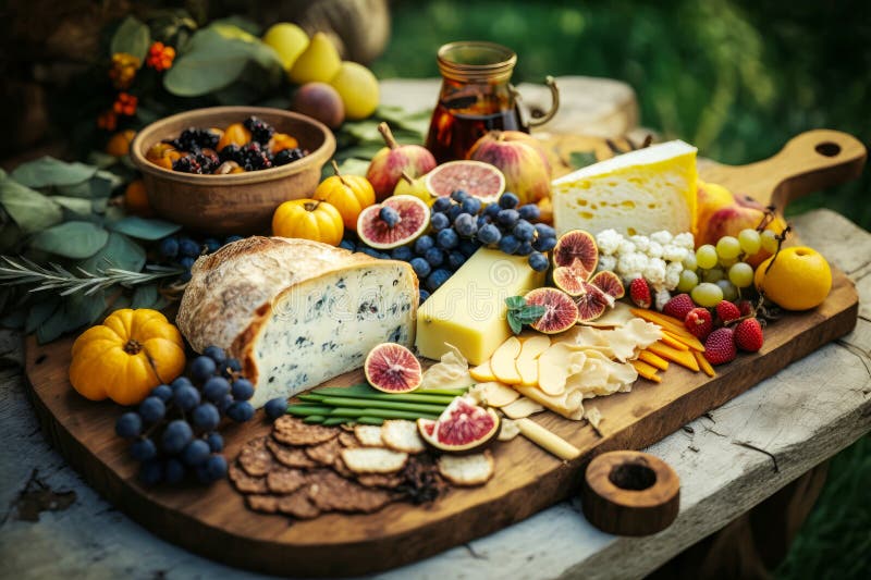 Cheese and Fruit Platter on Wooden Cutting Board. Generative AI Stock