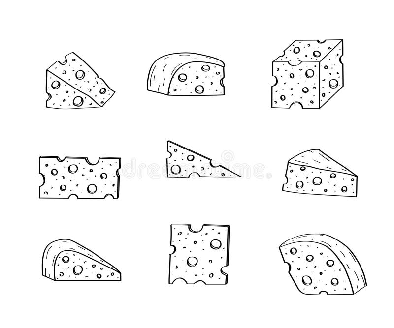 Cheese with holes vector doodle illustration. A set of pieces of maasdam cheese. Isolated on white background vector illustration
