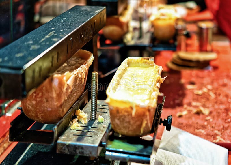 Raclette Cheese Food In Night Christmas Market At ...