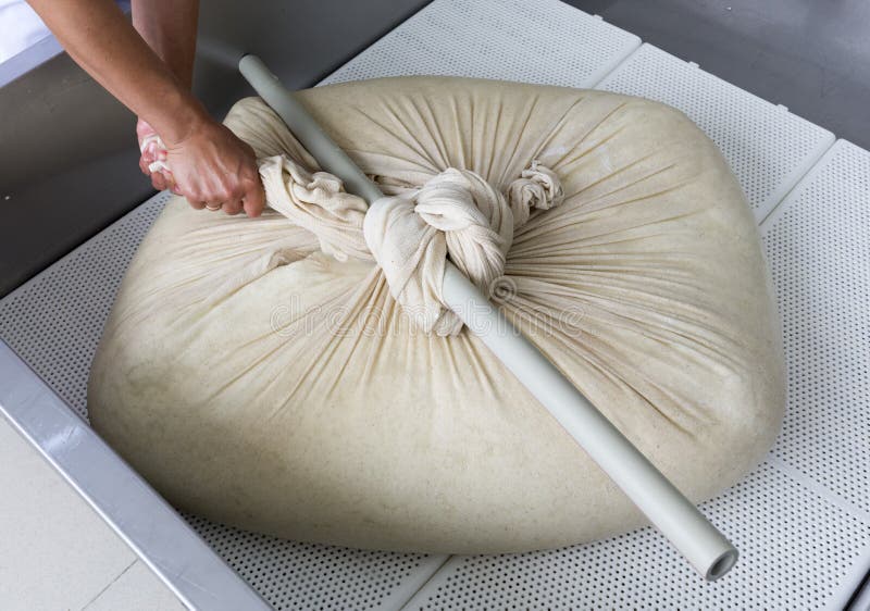 A woman working in a small family creamery is processing the final steps of making a cheese batch. The dairy farm is specialized in buffalo yoghurt and cheese production. A woman working in a small family creamery is processing the final steps of making a cheese batch. The dairy farm is specialized in buffalo yoghurt and cheese production.