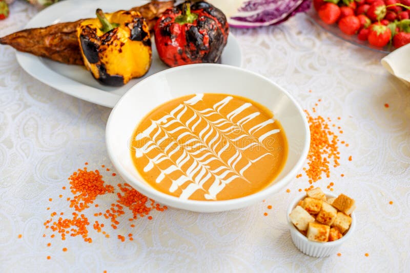 Cheese Soup with Crackers, Healthy Food on a Decorated Table Stock