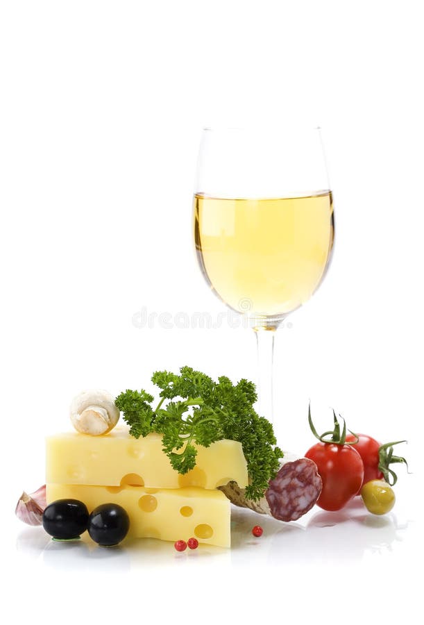 Red Wine with Grape, Apple and Cheese on a Plate. Stock Image Image