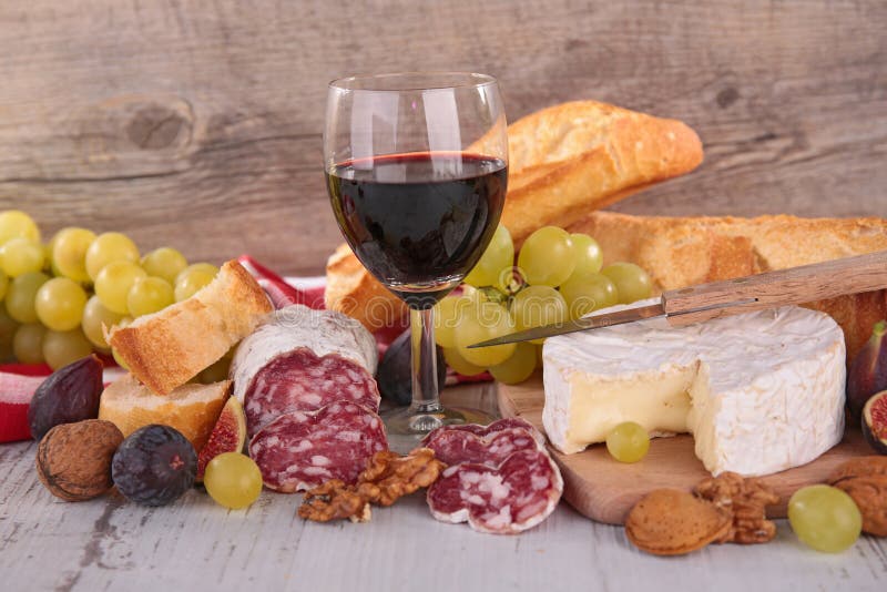 Cheese, Wine ,salami And Bread Stock Image Image of beverage, grape