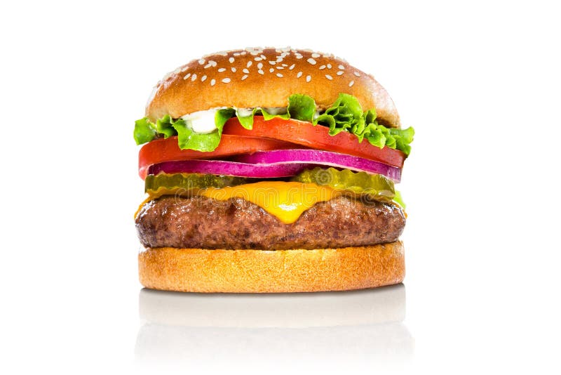 Cheeseburger americano do hamburguer clássico perfeito do Hamburger isolado na reflexão branca Cheeseburger americano do hamburguer clássico perfeito do Hamburger isolado na reflexão branca