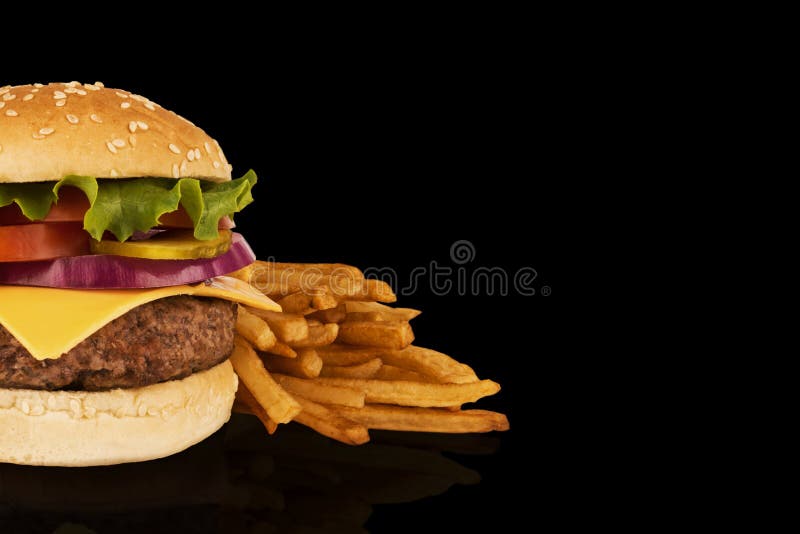 Cheeseburger with Beef Patty Isolated on Black Background. Stock Image