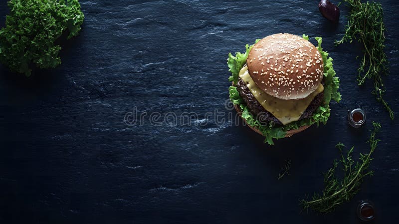 Cheeseburger délicieux sur fond d'ardoise foncée avec herbes et Kale illustration libre de droits