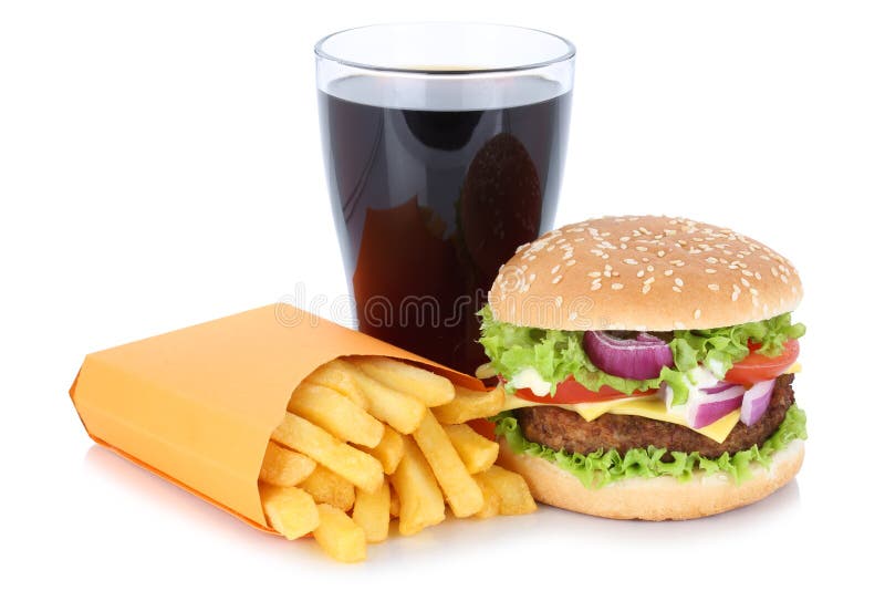 Cheeseburger hamburger and french fries menu meal combo cola drink fast food isolated