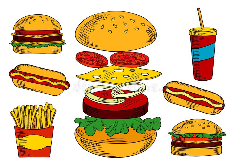 Cheeseburger, hot dog, fritture e schizzi del caffè royalty illustrazione gratis