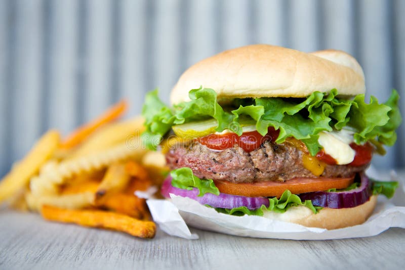 Cheeseburger i francuza dłoniaki obraz royalty free Cheeseburger i francuza dłoniaki obraz royalty free