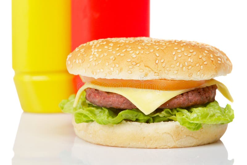 Burger with Mustard and Ketchup Bottles Stock Image Image of cheese
