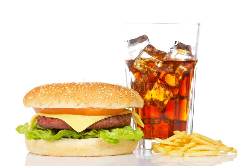 Cheeseburger, soda e patate fritte fotografia stock Cheeseburger, soda e patate fritte fotografia stock