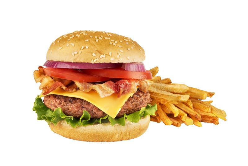 Cheeseburger z wołowina pasztecikiem, bekonem i francuskimi dłoniakami odizolowywającymi na bielu obraz stock