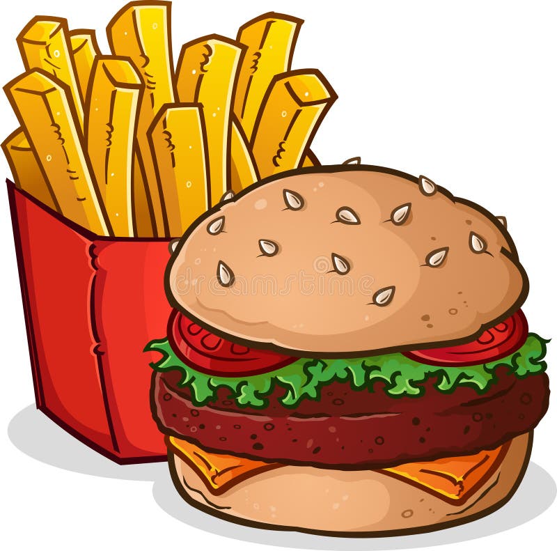 Cheeseburger κινούμενα σχέδια τηγανιτών πατατών ελεύθερη απεικόνιση δικαιώματος