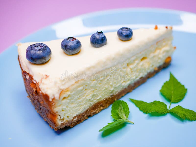 Cheesecake Cheesecake alla menta di mirtillo su fondo rosa, viola e corallo su un piatto blu Vista lato colazione fotografia stock Cheesecake Cheesecake alla menta di mirtillo su fondo rosa, viola e corallo su un piatto blu Vista lato colazione fotografia stock
