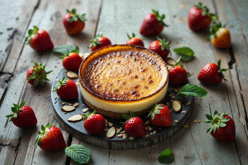 Cheesecake delicios copt servit cu căpșuni proaspete și frunze de mentă pe masă de lemn royalty free illustration
