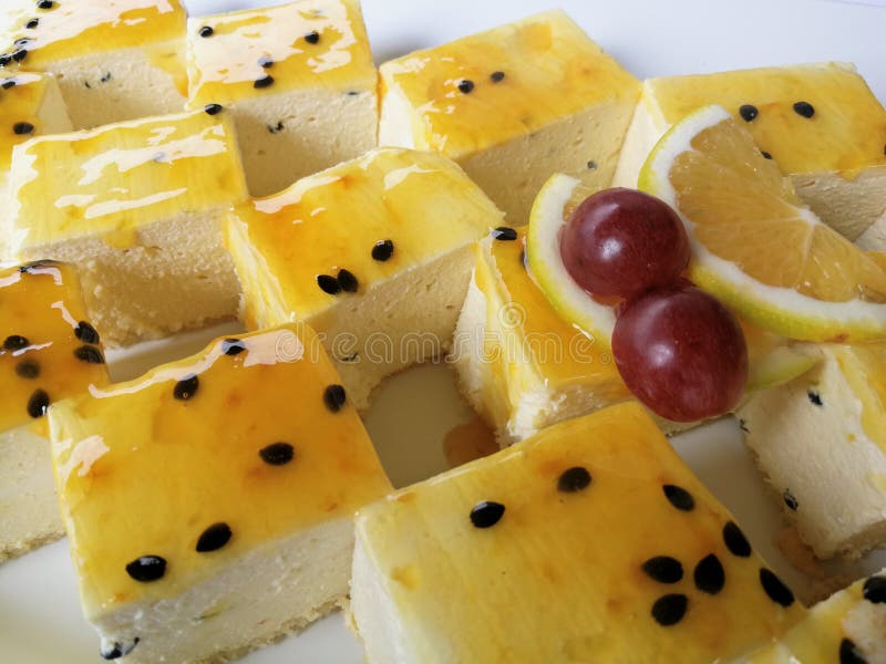 Cheesecake dessert topped with Granadilla stock images Cheesecake dessert topped with Granadilla stock images
