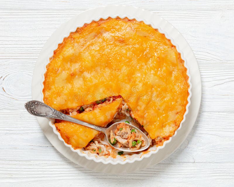 Cheesy Chicken Rice Salsa Casserole in Baking Dish Stock Image - Image