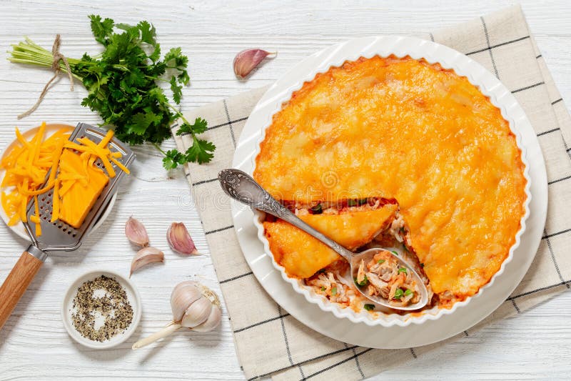Cheesy Chicken Rice Salsa Casserole in Baking Dish Stock Image - Image