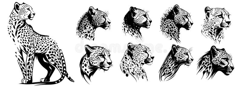 Cheetah Heads Black and White Vector. Silhouette Svg Shapes of Cheetah ...