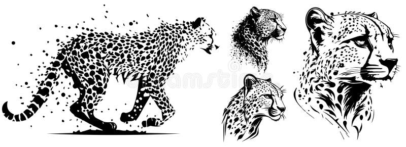 Cheetah Heads Black and White Vector. Silhouette Svg Shapes of Cheetah ...