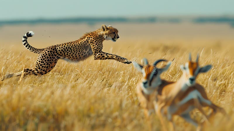 Cheetah Hunting Antelopes Cheetah Jumping Against the Backdrop of the Cheetah Hunting Antelopes Cheetah Jumping Against the Backdrop of the