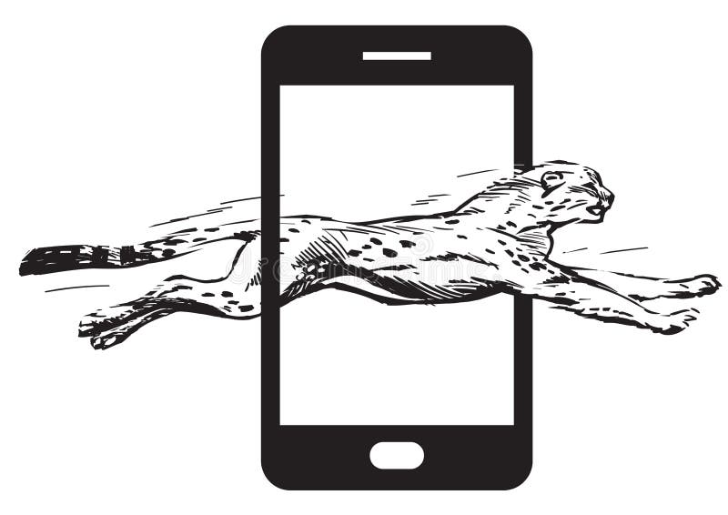 Cheetah jumping through screen of smartfon. Concept of fast internet Vector vector illustration