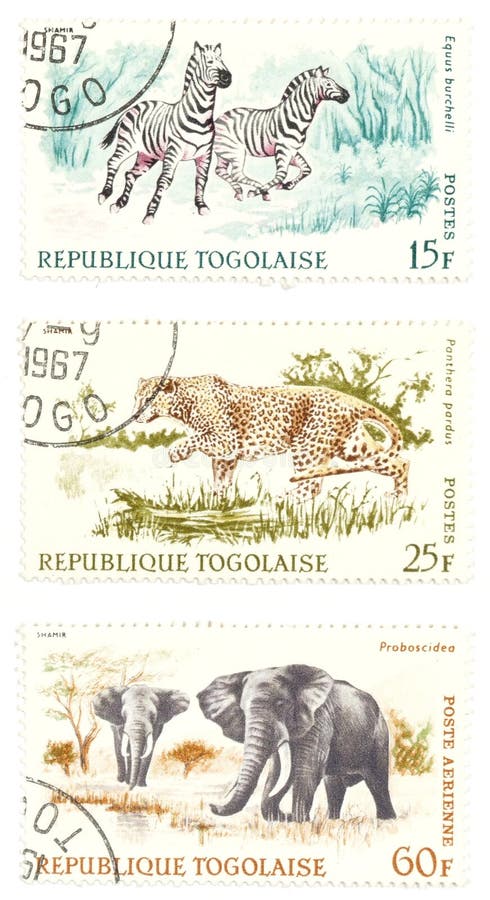 Cheetah, zebras, elephants post stamps