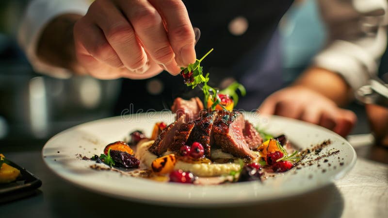 Chef adding the final flourish by adding some liquorice flavoured parsley to the dish. AI generated