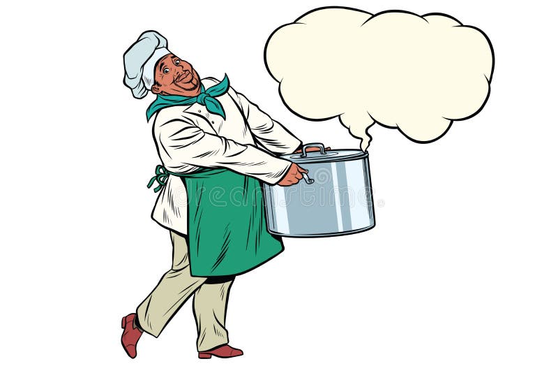 Chef africain tenant un pot chaud, nuage de vapeur illustration libre de droits Chef africain tenant un pot chaud, nuage de vapeur illustration libre de droits