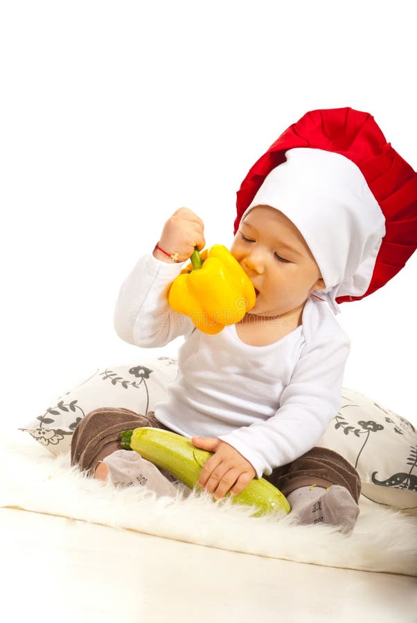 Chef Baby Eating Bell Pepper Stock Photo Image of playful, play 34844494