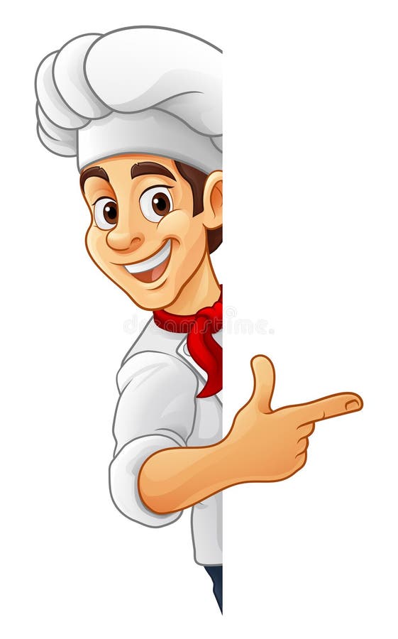 Chef Baker Cook Cartoon Mascot Man pektecken royaltyfri illustrationer