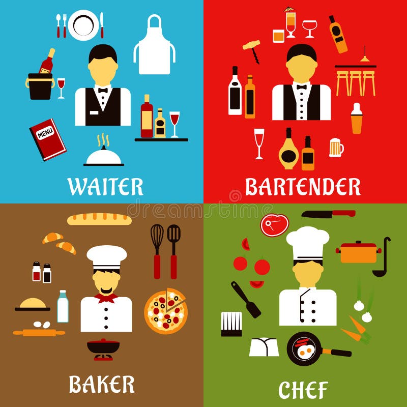 Chef, baker, waiter and bartender professions stock illustration Chef, baker, waiter and bartender professions stock illustration