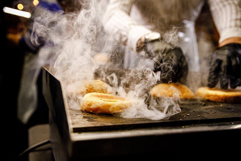 Chef Making and Grilling Burger Buns on an Electric Grill. Stock Image Image of party, patty