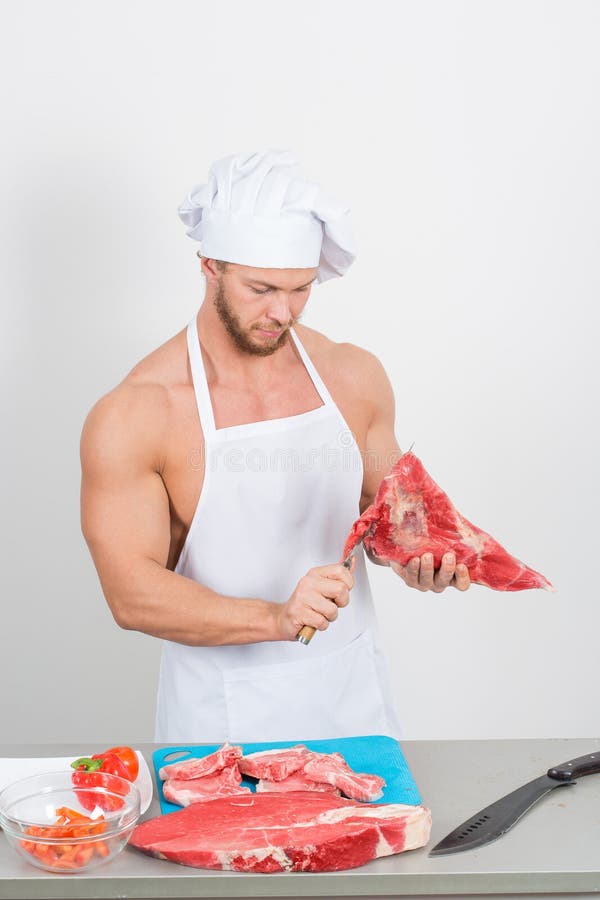Chef Bodybuilder Preparing Large Chunks of Raw Stock Photo Image of