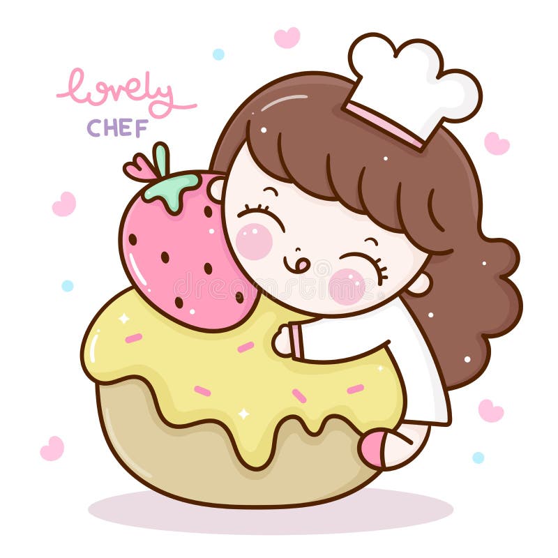Happy cute girl chef uniform holding bread cooking bakery food logo cartoon hand drawn cartoon art illustration