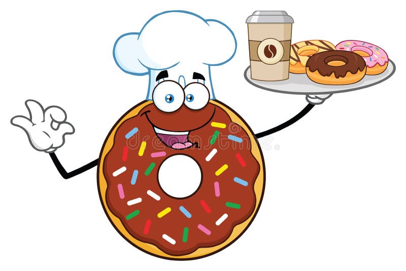 Chef Chocolate Donut Cartoon Mascot Character With Sprinkles Holding A Slotted Spatula Stock Illustration Illustration Of Food Dessert 118011159